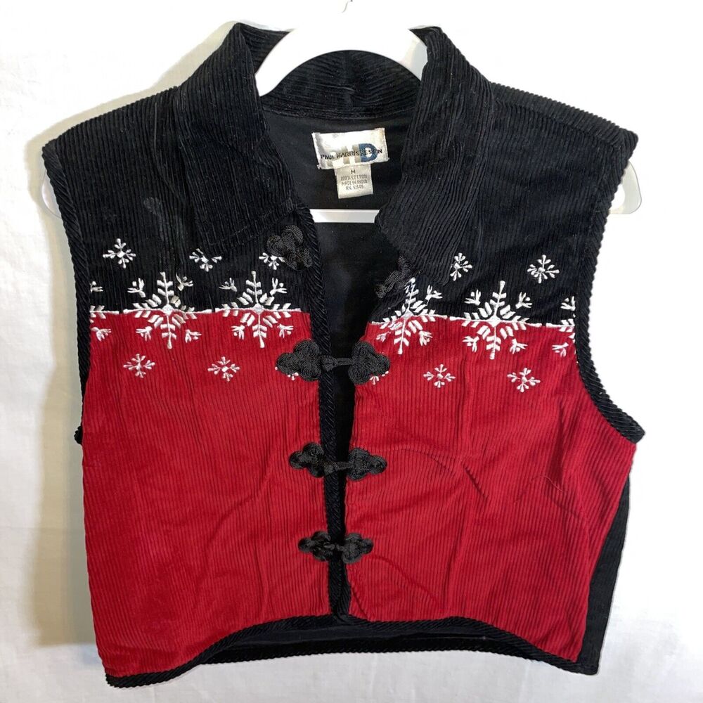 Paul Harris Design Corduroy Cardigan Women’s Size Medium Red Black Snowflake